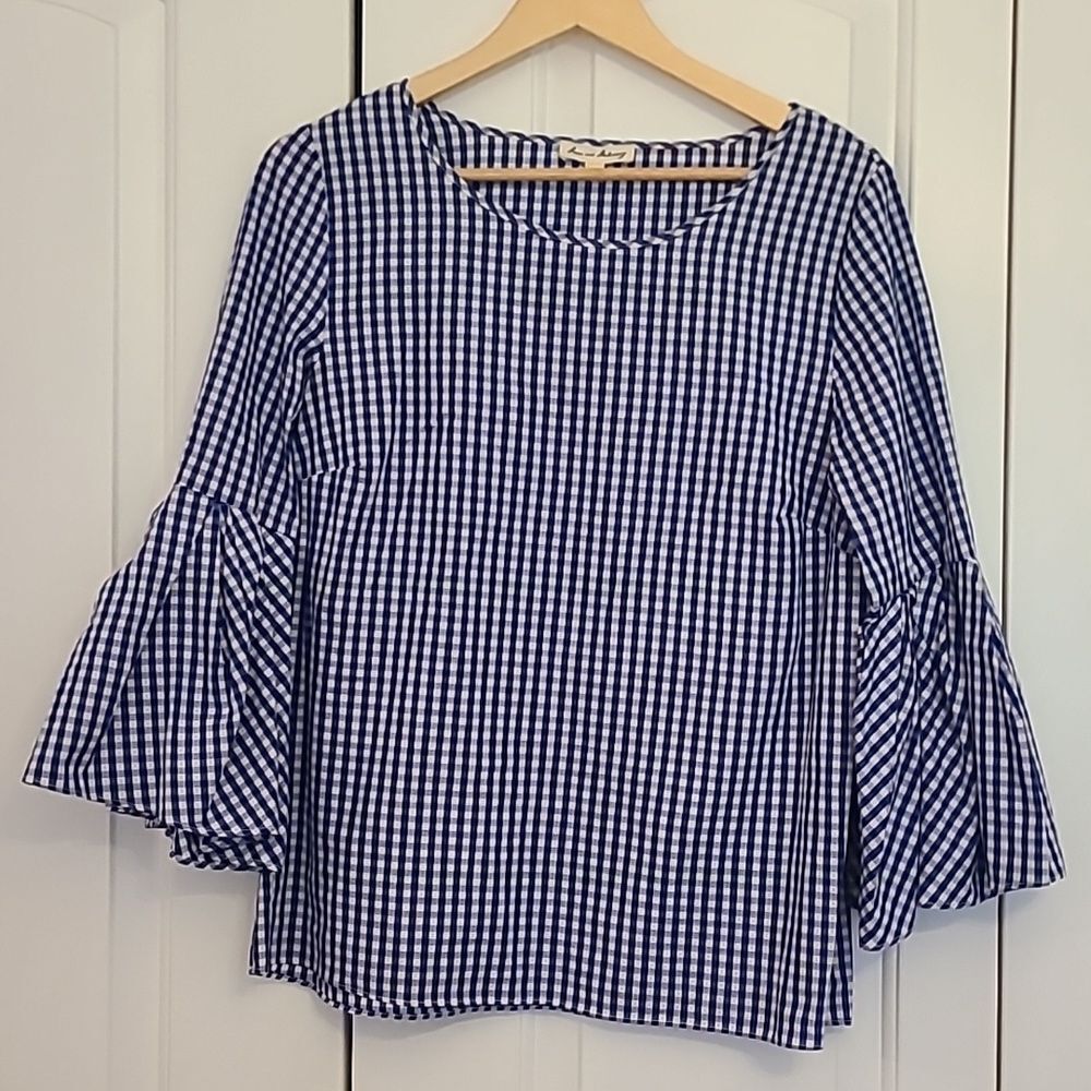 Jane &  Delancey 100% Cotton Medium Blue White Gingham Blouse Bell Sleeve Size M